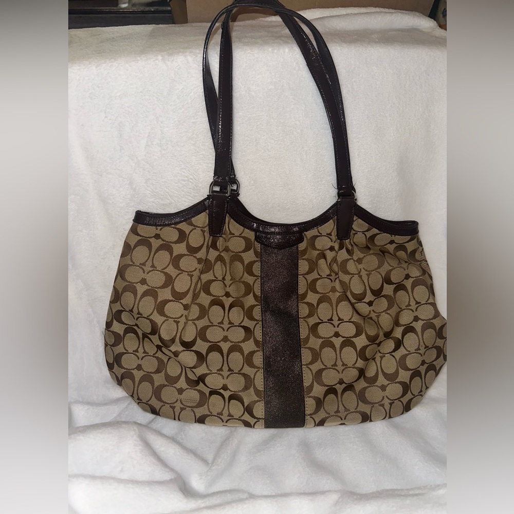 Coach Brown Signature Canvas Tote with Dark Brown Trim